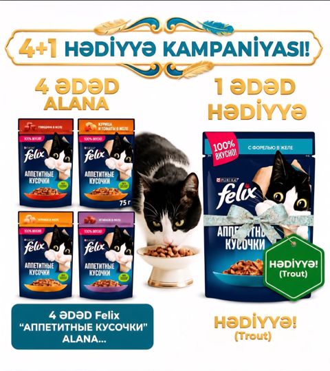 Nəm yem pişiklər üçün Purina Felix jeledə 4 əd x 75 q + Purina Felix jeledə 1 əd x 75 q Hədiyyə — Bakı