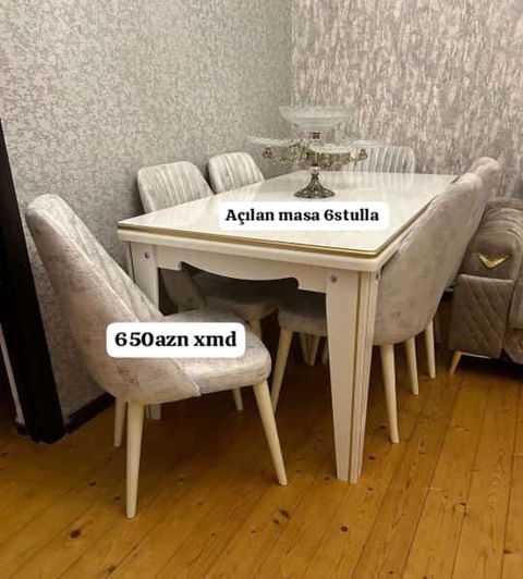 Açılan yemək masası dəsti – 6 stulludur. - Rəng: ağ, qızılı haşiyə — Bakı