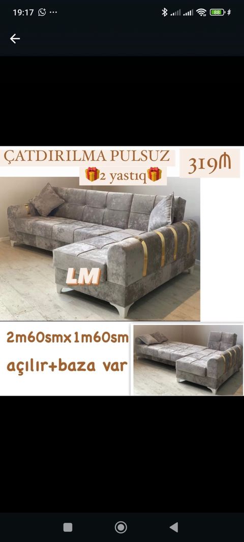 Künc divan – açılır mexanizmli, bazalı model - Ölçü: 2 m 60 sm x 1 m — Bakı