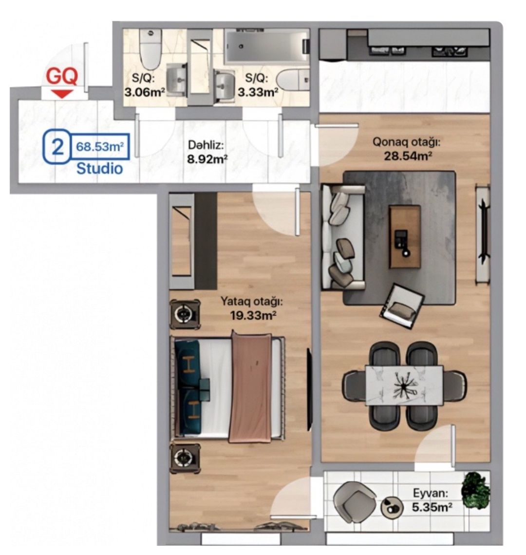 Satılır 2 otaqlı yeni tikili 69 m² — Mənzil, Xırdalan (2)