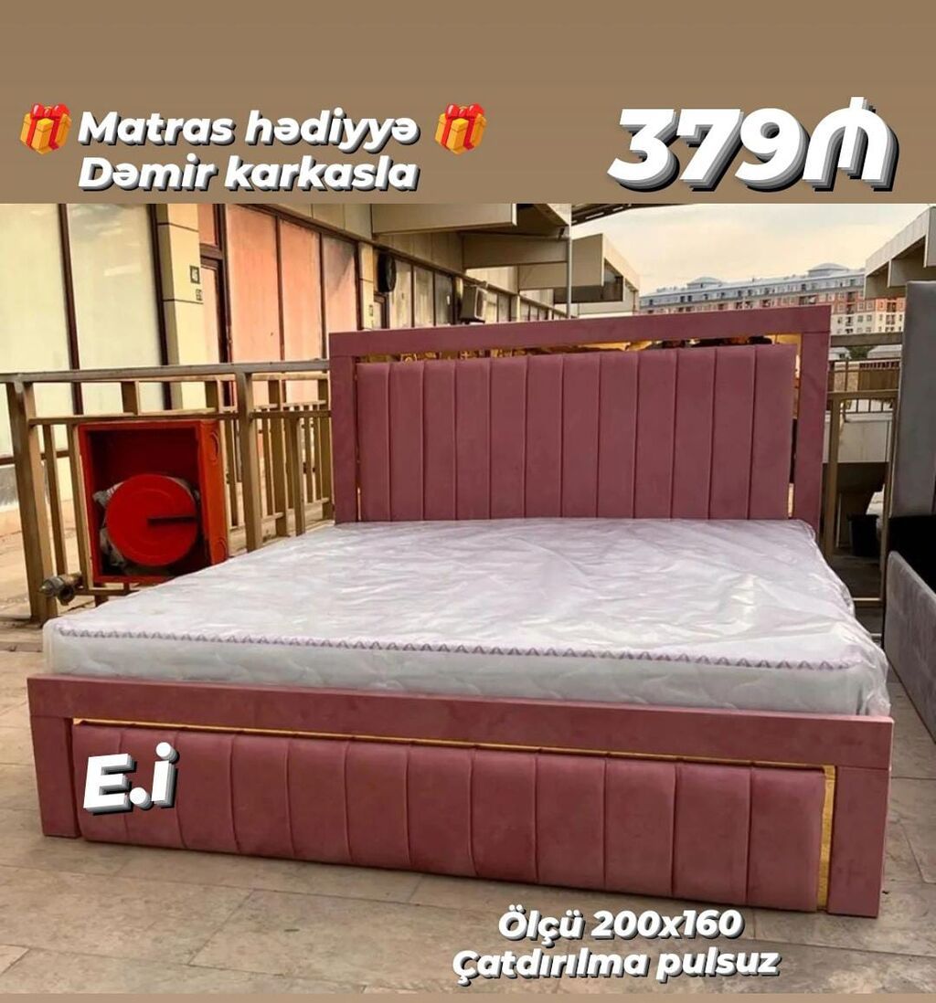 Yataq dəsti – dəmir karkaslı, yumşaq kapitonlu başlıq və alt baza ilə — Yataq otağı mobilya dəstləri, Bakı