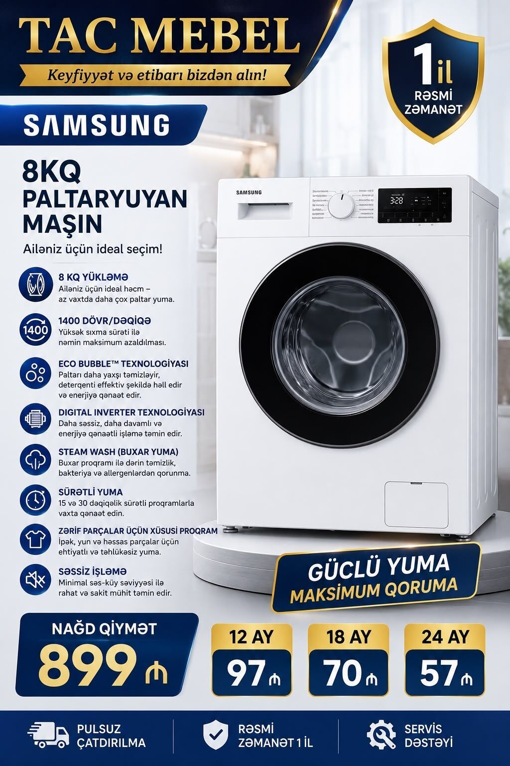 Paltaryuyan maşın Samsung, 9 kq, Yeni, Avtomat, Qurutma var, Kredit var, Pulsuz çatdırılma — Çamaşır maşınları, Bakı (2)