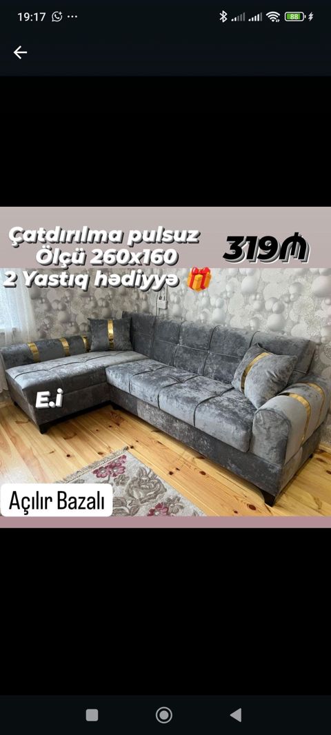 Künc divan – açılır bazalı model. - Ölçü: 260x160 sm - Rəng/material — Bakı
