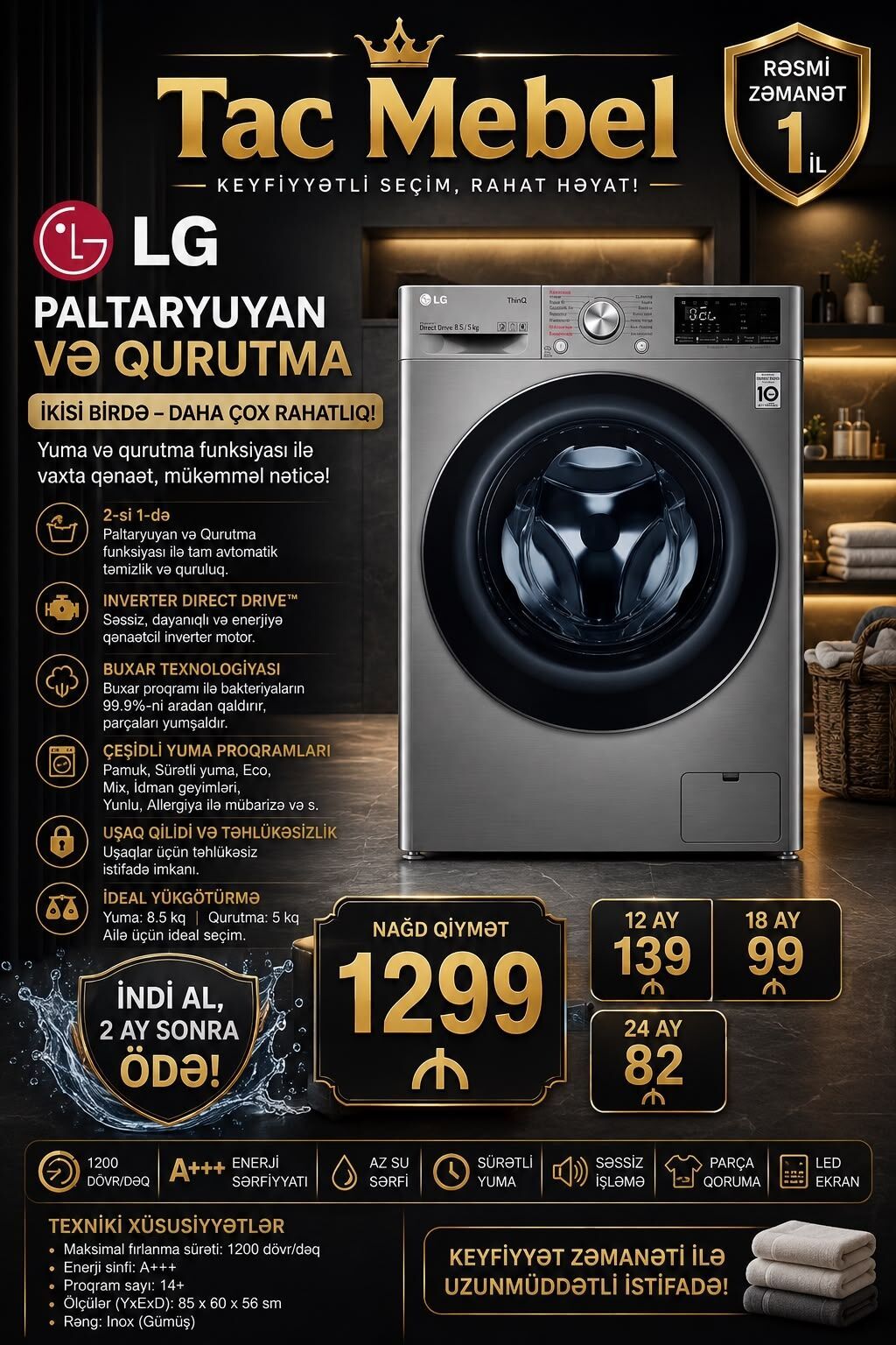 Paltaryuyan maşın Samsung, 9 kq, Yeni, Avtomat, Qurutma var, Kredit var, Pulsuz çatdırılma — Çamaşır maşınları, Bakı (8)