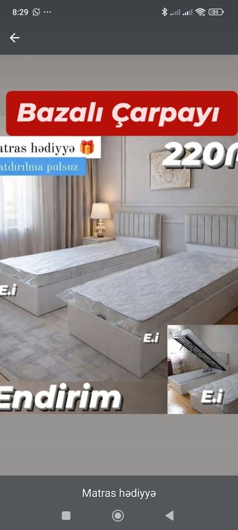 Bazalı çarpayı – sadə və zərif dizaynlı, yuxarı qalxan mexanizmlə — Bakı