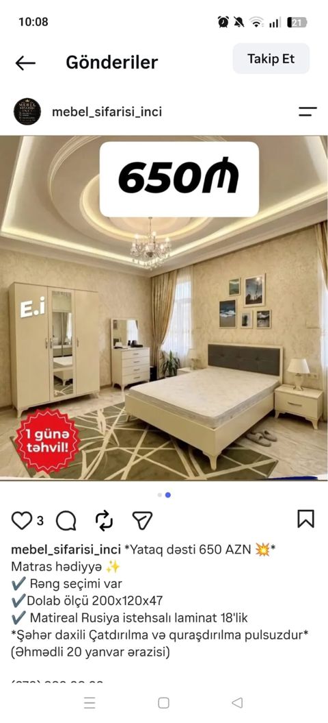 Yataq dəsti – 650 AZN Komplekt: çarpayı, 2 tumbə, komod-güzgü, 3 — Bakı