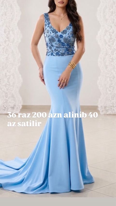 Mavi rəngli uzun ziyafət geyimi - Ölçü: 36 razmer (şəkildə — Bakı
