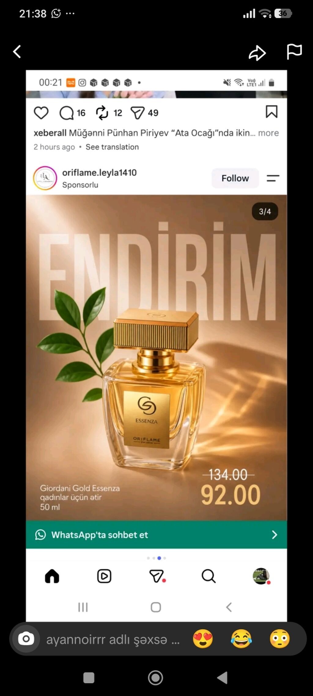 Məhsul: Oriflame Giordani Gold Essenza qadın ətiri Həcm: 50 ml — Ətir, Bakı