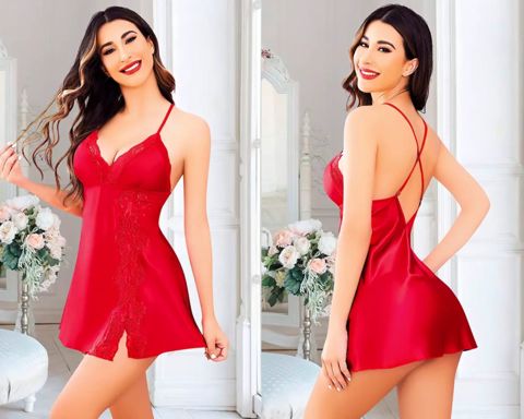 Gecə köynəyi qadınlar üçün ŞHN18 as11, qırmızı, satin, ölçü M — Bakı