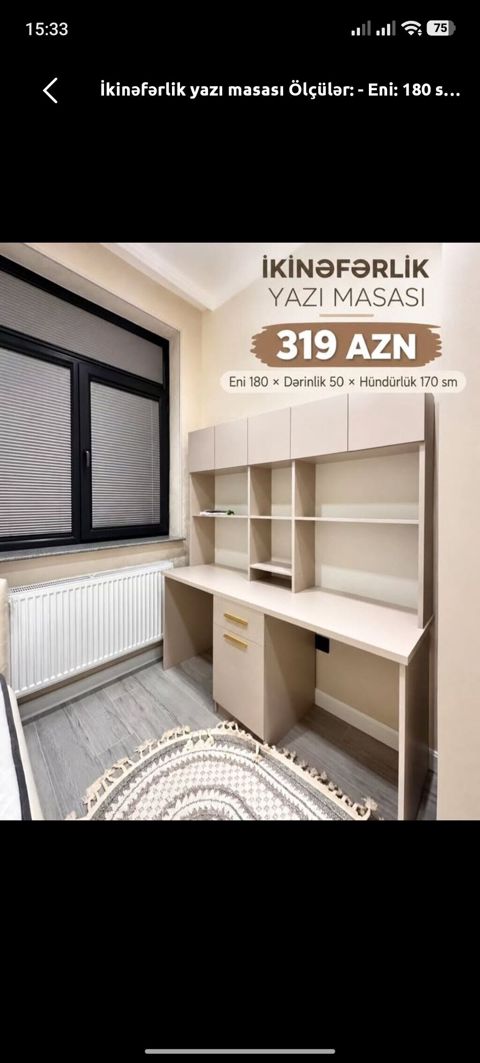 İkinəfərlik yazı masası Ölçülər: - En: 180 sm - Dərinlik: 50 sm — Digah