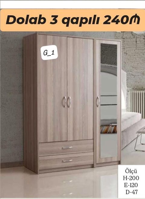 3 qapılı dolab – 240₼ - Material: ağac teksturalı laminat - Qapılar — Sumqayıt
