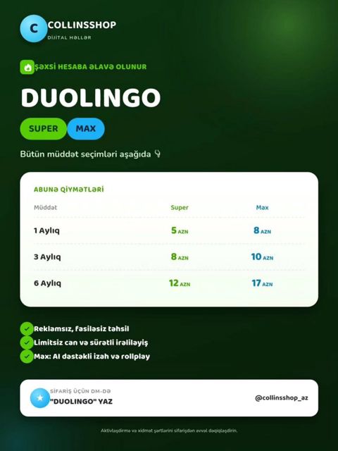 Duolingo Super & Max Abunəliyi Şəxsi Hesaba Rəsmi Aktivləşmə — Bakı