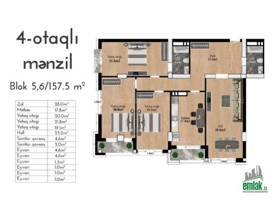 Satılır 4 otaqlı 157.5 m² yeni tikili Nizami m — Mənzil (9)