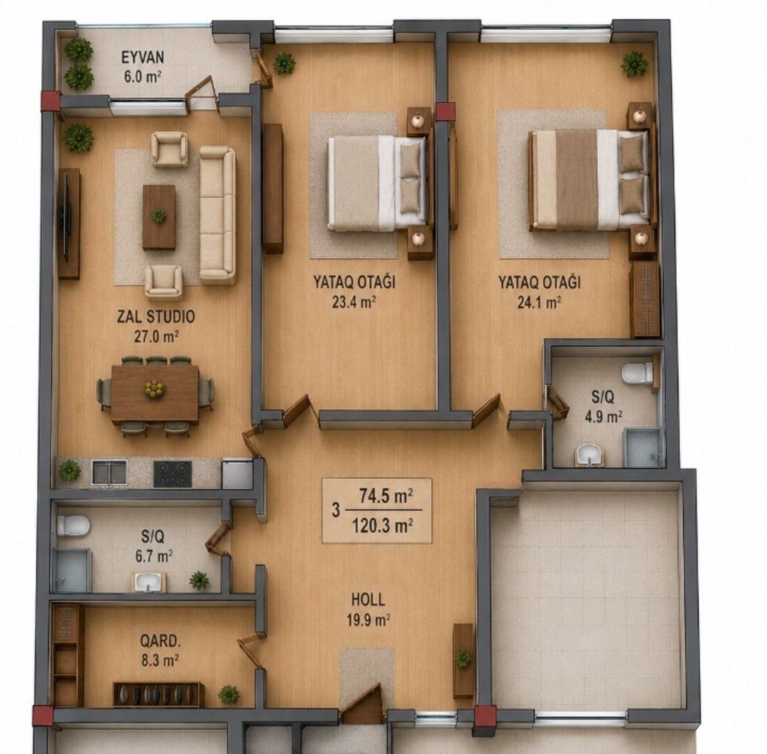 Satılır 3 otaqlı yeni tikili 121 m² — Mənzil, Bakı (2)