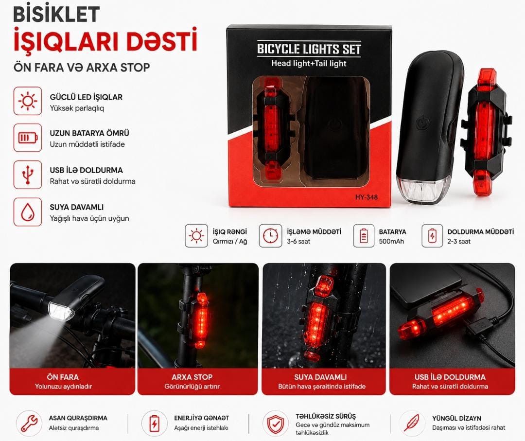Velosiped fənəri 007, ön fənər/arxa stop, 3.7 Vt, qara — Mallar, Bakı (3)