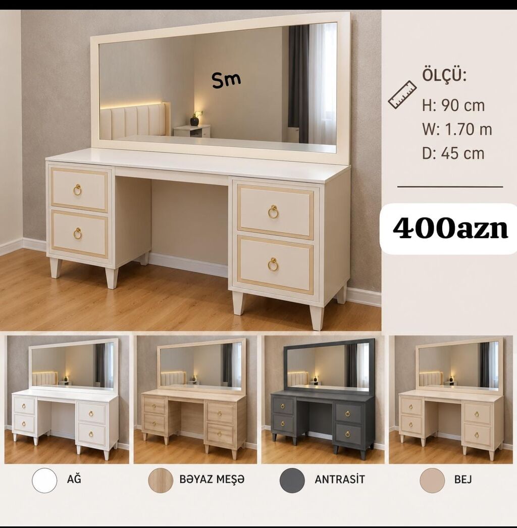 Geniş güzgülü makiyaj/komod masası Ölçülər: - Hündürlük: 90 sm - En — Komodlar və tumbalı, Bakı