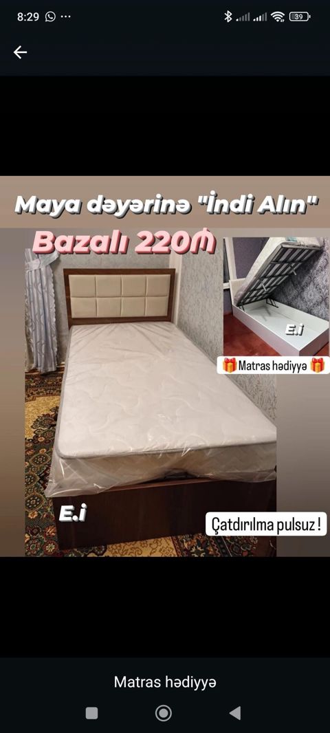 Bazalı tək nəfərlik çarpayı – 220₼ - Yuxarı qalxan mexanizmlə geniş — Bakı