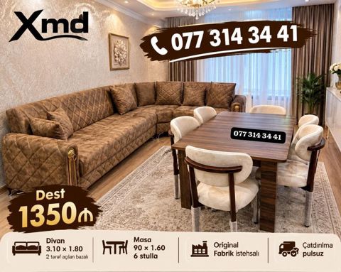 Xmd mebel dəsti - Komplekt: künc divan + yemək masası və 6 ədəd stul — Bakı