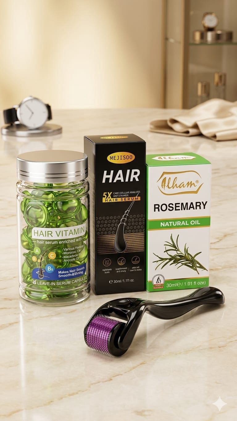 Saç üçün kosmetika dəsti No brand (saç üçün vitamin zərdab + saç üçün yağ + saç üçün zərdab + dermaroller) — Mallar, Bakı