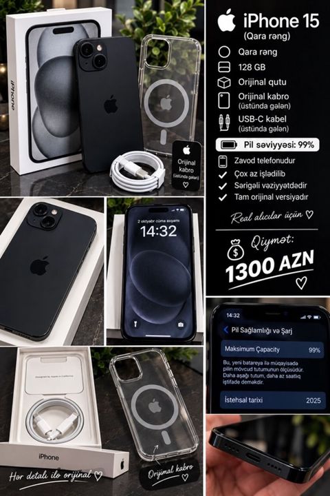 IPhone 15, 128 GB, Qara, Face ID — Digah
