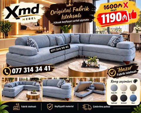 Xmd Mebel – künc divan dəsti - Fabrik istehsalı, orijinal dizayn — Bakı