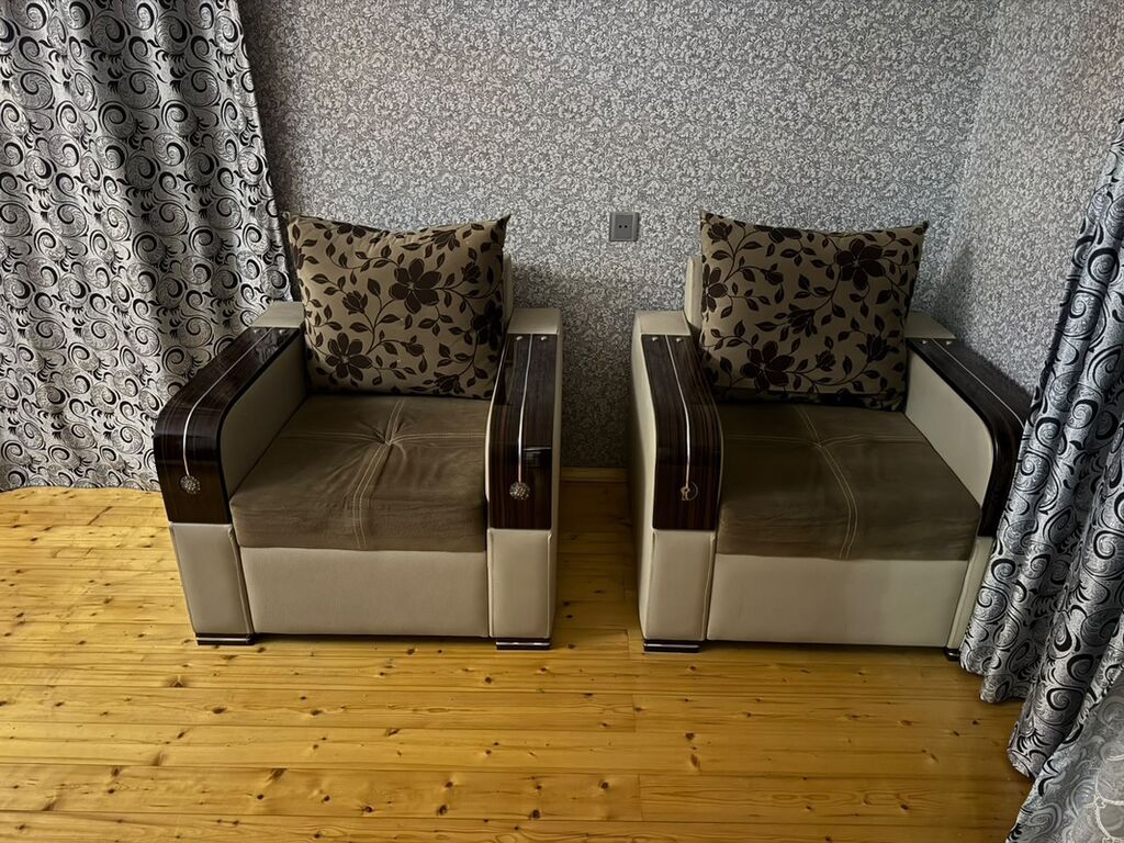 Künc dəsti: 3 nəfərlik divan + 2 ədəd kreslo - Rəng: bej və — Yumşaq mobilya dəstləri, Novxanı (3)