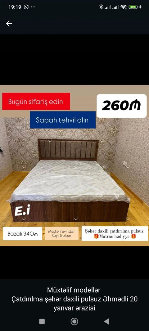 Yataq dəsti – taxta karkaslı, yumşaq süet/qalın parça ilə işlənmiş — Yataq mebeli