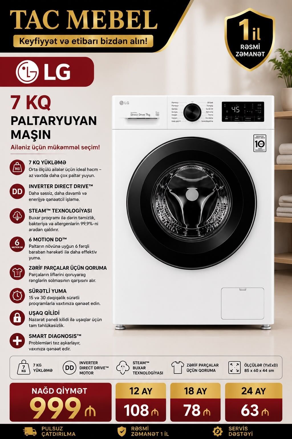 Paltaryuyan maşın Samsung, 9 kq, Yeni, Avtomat, Qurutma var, Kredit var, Pulsuz çatdırılma — Çamaşır maşınları, Bakı (5)