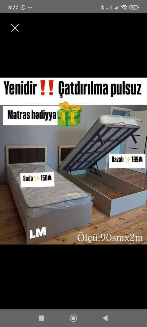 Tək nəfərlik çarpayı – ölçü: 90 sm x 200 sm - İki variant: Sadə — Bakı