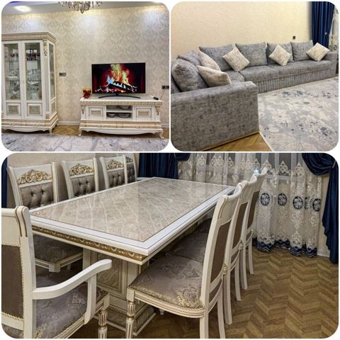 Qonaq otağı dəsti. Satılır 3500 azn. Masa açılır, 8 stulludur. Divan — Qobu