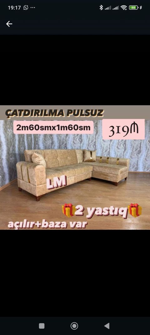 L‑şəkilli yumşaq künc divan - Ölçü: 2 m 60 sm x 1 m 60 sm - Mexanizm — Bakı