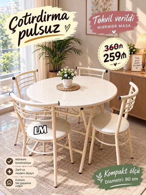 Mərmər masa dəsti – kompakt ölçü, zərif və modern dizayn — Bakı