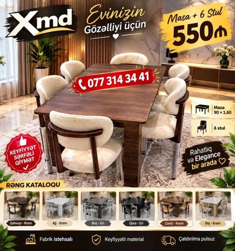 Masa + 6 stul dəsti - Ölçü: masa 90 x 160 sm - Komplekt: 1 masa + 6 — Bakı