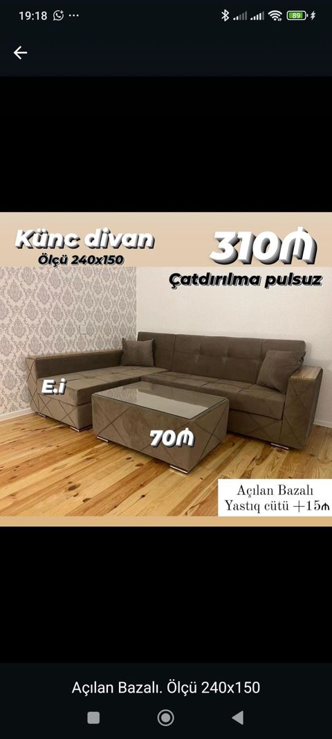 Künc divan – ölçü 240×150 sm. Açılan, bazalı model. Dərin şokolad — Bakı