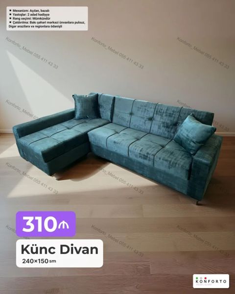 Künc Divan – 240×150 sm - Açılan, bazalı mexanizm: gündəlik — Bakı