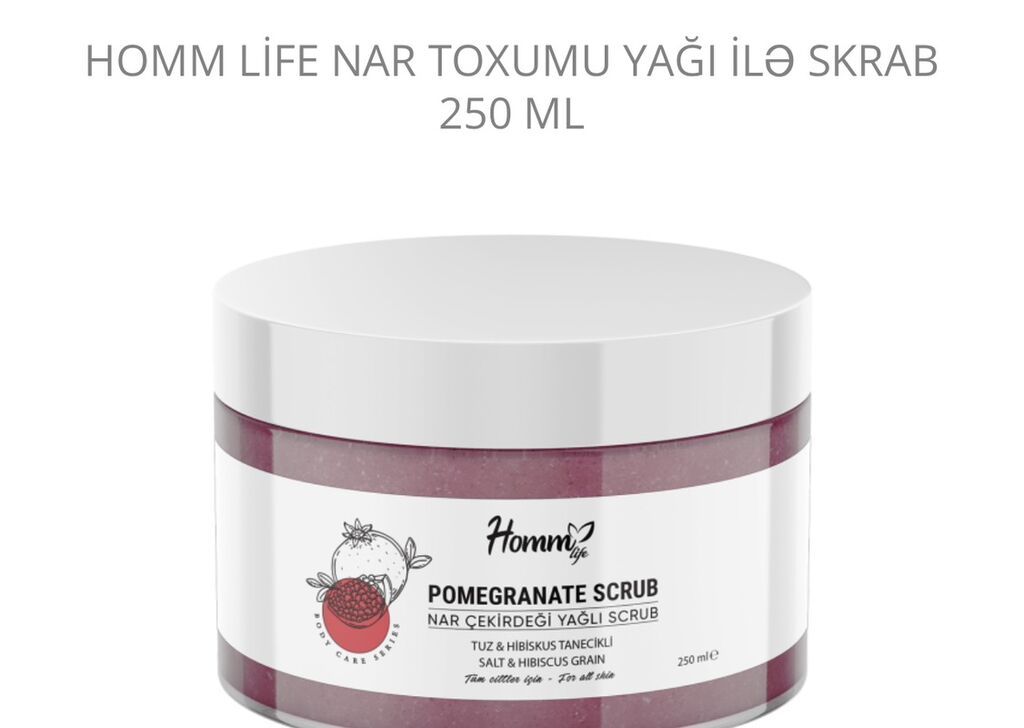 Homm Life Nar toxumu yağı ilə skrab – 250 ml - Tərkibi: nar çəyirdəyi — Bədən qayığı, Ordubad