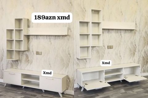 Ağ rəngdə divar üçün TV stendi və asma rəf dəsti. Komplekt: - Alt TV — Bakı
