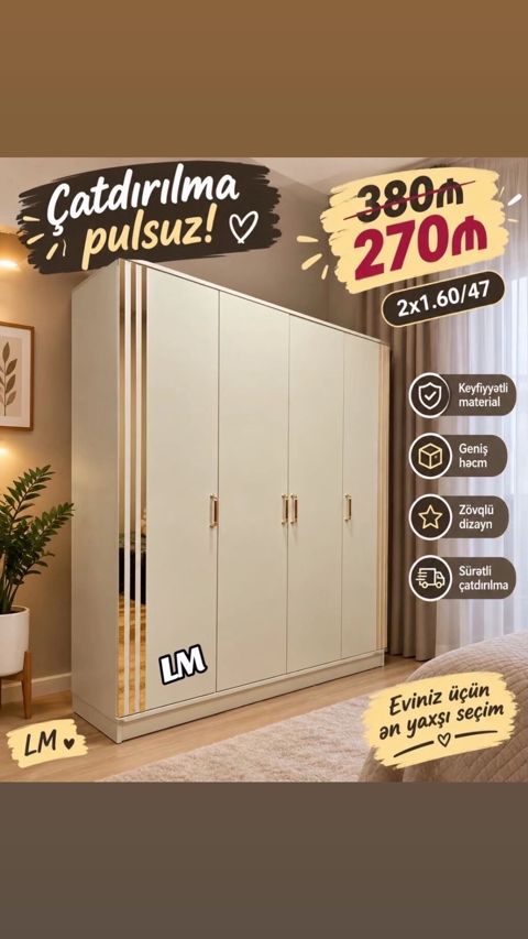 Dördqapılı paltar şkafı – zərif və funksional dizayn - Ölçülər: 2 x — Dolab Taxt Çarpayı Mebel Fabriki ✨Əfsanə.x — Şkaflar