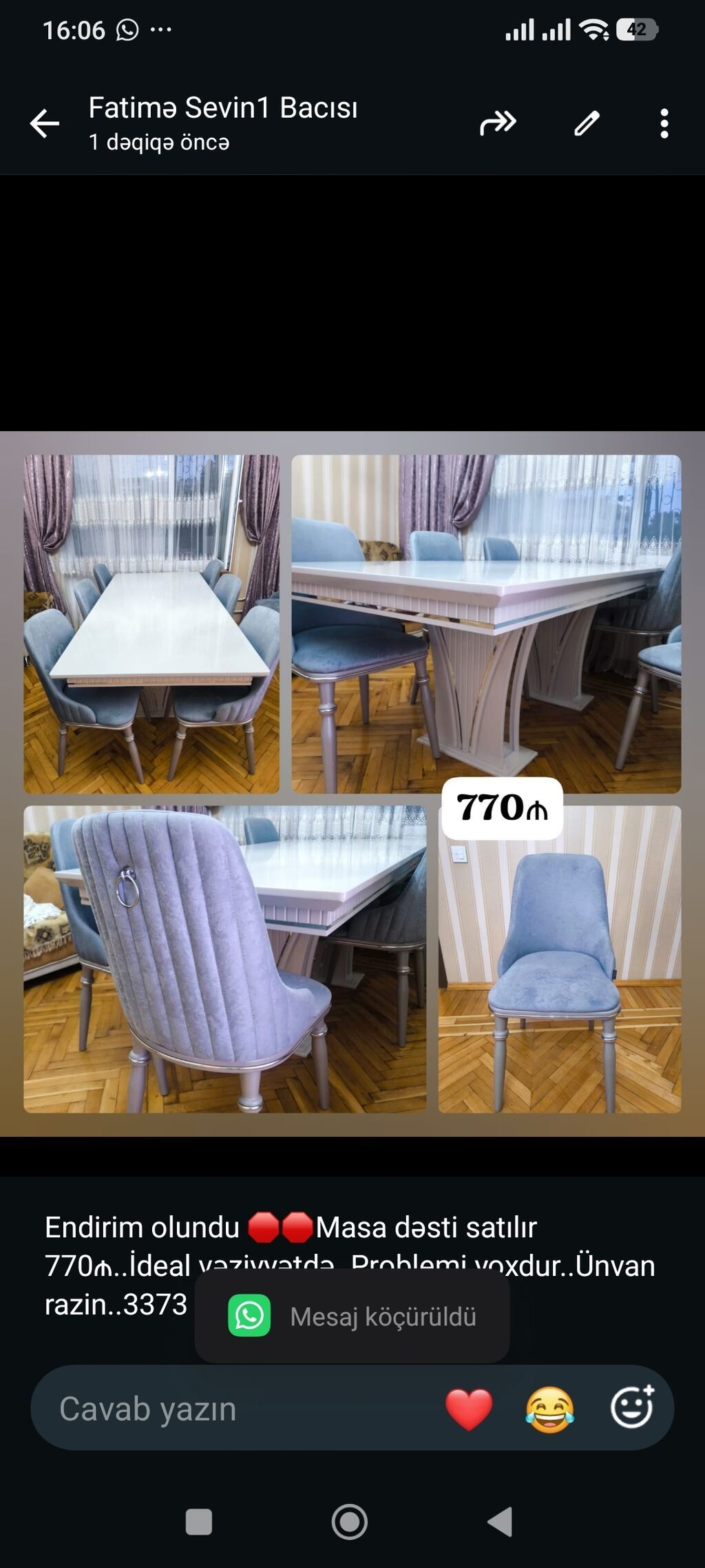 Endirim olundu Masa dəsti satılır 770₼. İdeal vəziyyətdə. Problemi — Masalar və stullar, Bakı