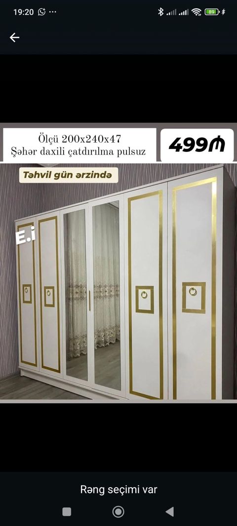 Ağ rəngdə, qızılı dekor xəttləri ilə klassik üslubda 5 qapılı dolab — Bakı