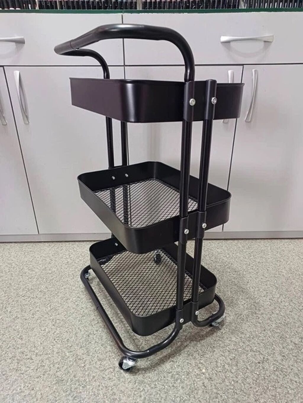 Metal 3 rəfli təkərli təşkilatçı araba - Rəng: qara - Material: metal — Salon mebeli, Bakı (2)