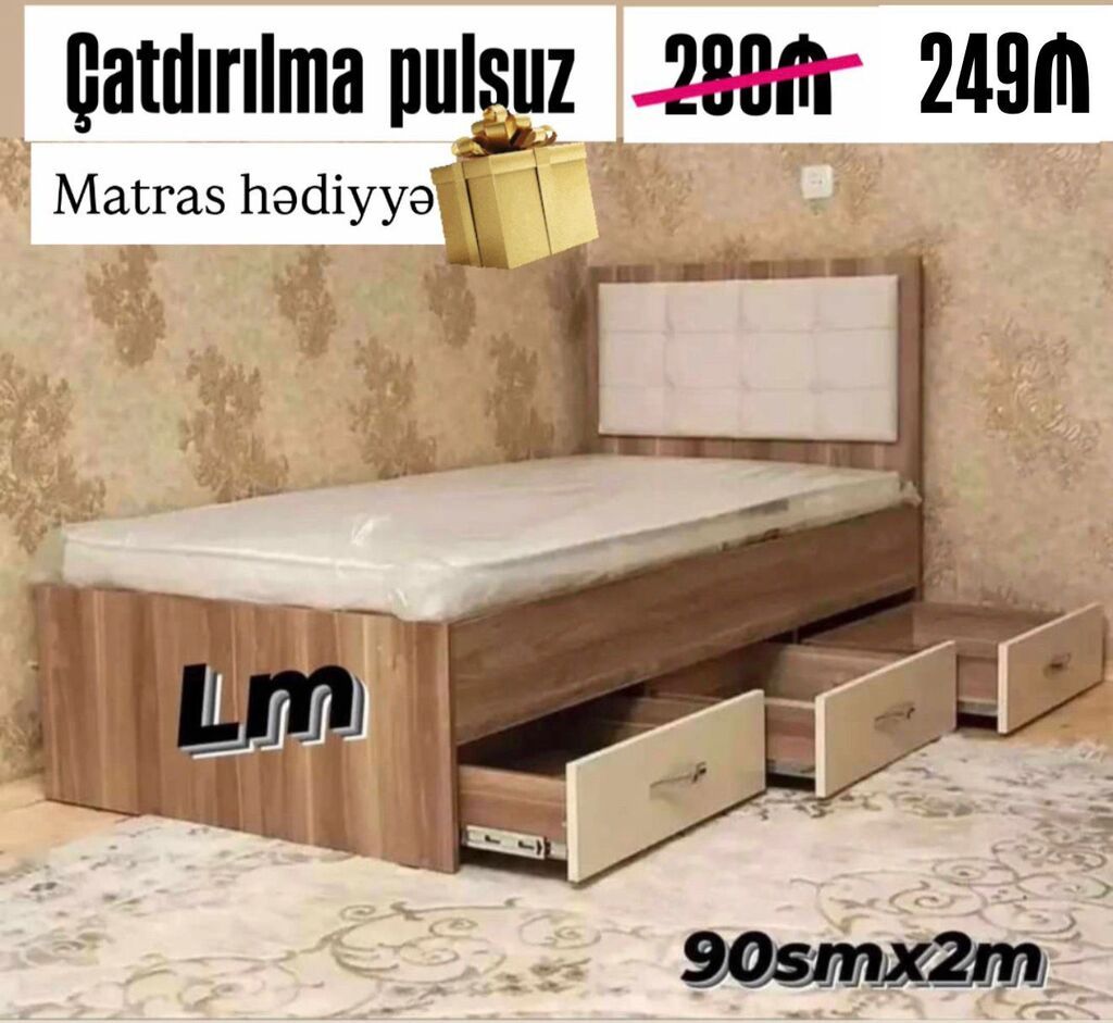 Tək nəfərlik çarpayı – ölçü: 90 sm x 2 m. - Aşağı hissədə 3 ədəd — Yataqlar, Bakı