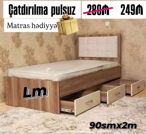 Tək nəfərlik çarpayı – ölçü: 90 sm x 2 m. - Aşağı hissədə 3 ədəd — Bakı