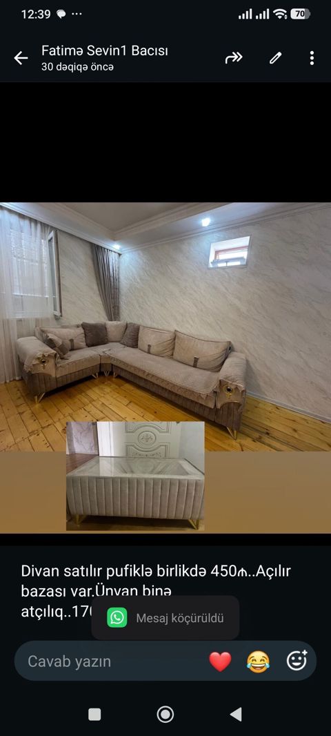 Divan satılır pufiklə birlikdə 450₼. Açılır bazası var.Ünvan binə — Bakı