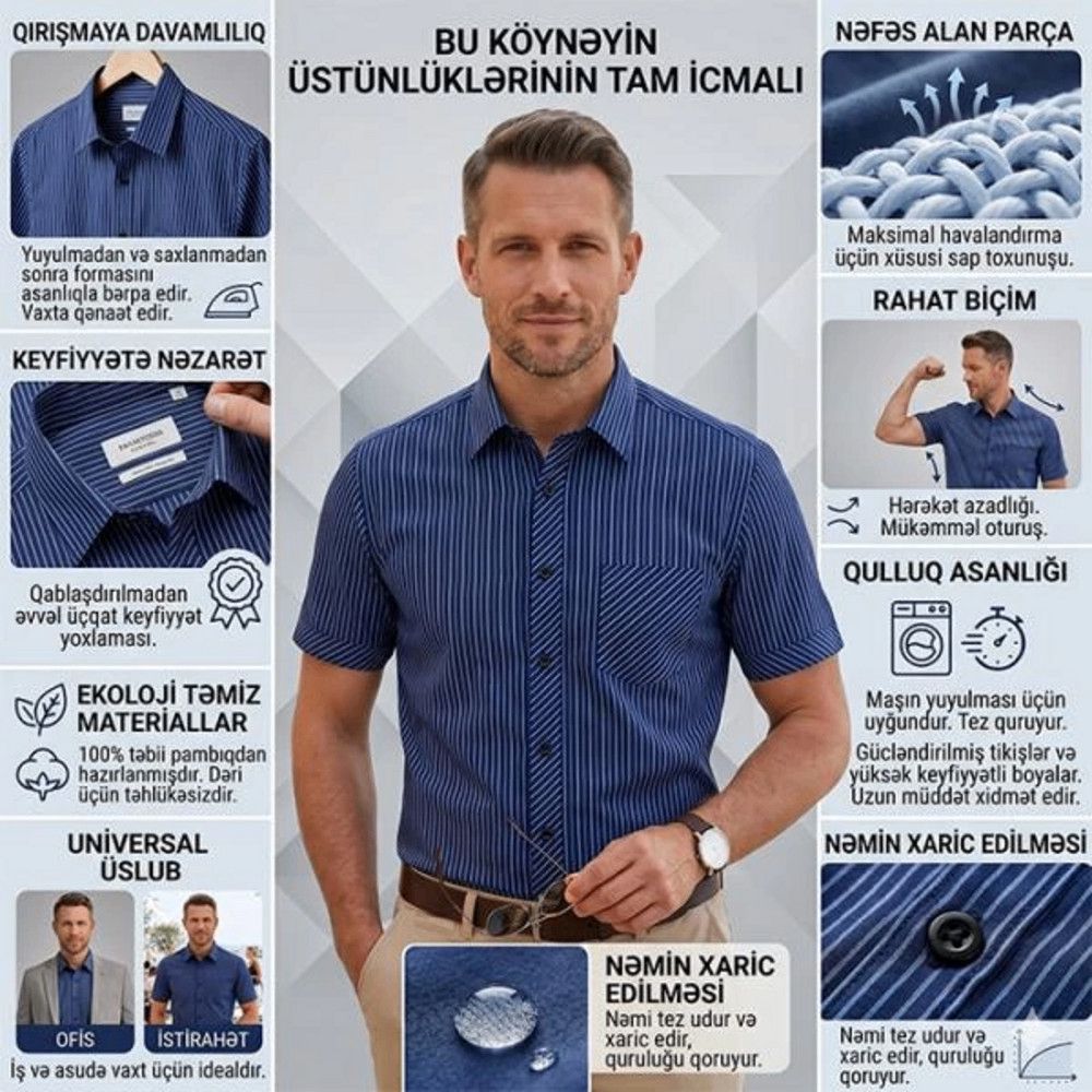 Kişilər üçün qısaqol köynək 58-1367, göy, pambıq, ölçü 38 — Mallar, Bakı (3)