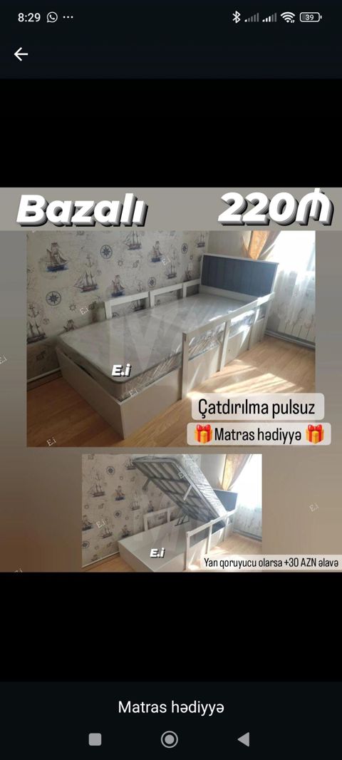 Bazalı tək nəfərlik çarpayı – 220 AZN - Aşağı hissəsi bazalı — Bakı