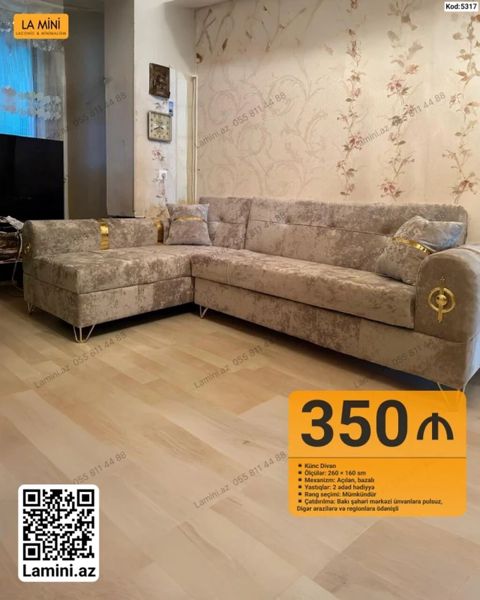 Künc divan – Kod: 5317 - Ölçü: 260 x 160 sm - Mexanizm: açılan — Bakı