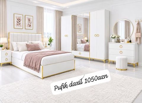 Yataq otağı dəsti – müasir klassik üslubda, ağ rəng və qızılı detallar — Bakı
