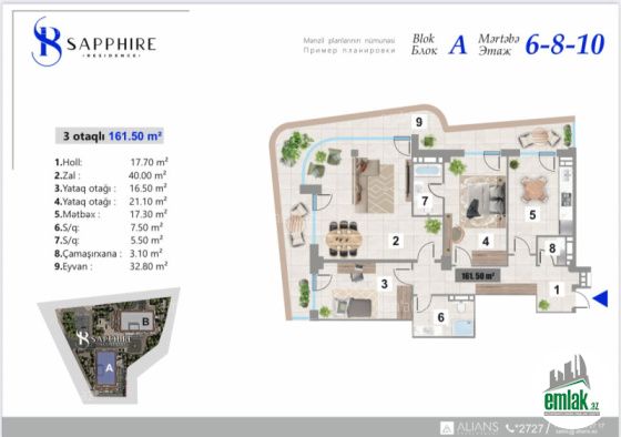 Satılır 3 otaqlı 161.5 m² yeni tikili Yasamal r — Mənzil (6)