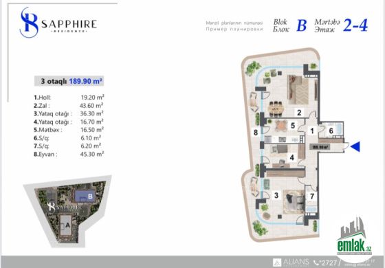 Satılır 3 otaqlı 189.9 m² yeni tikili Yasamal r — Mənzil (4)
